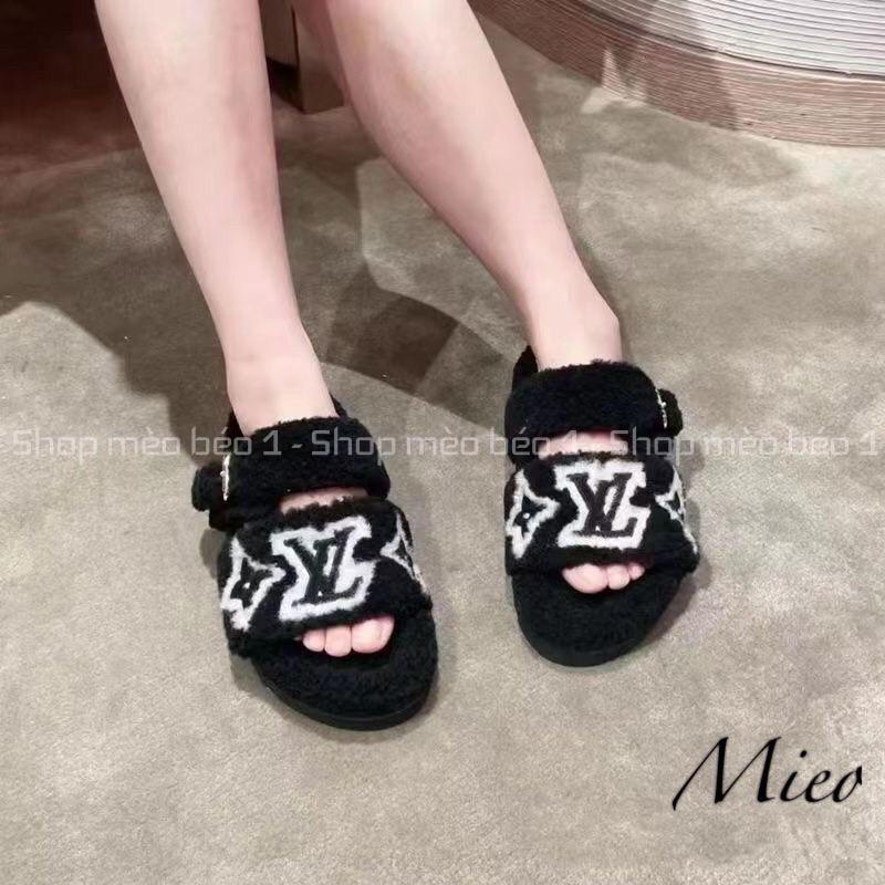 Dép lông lv hai quai ngang chữ thêu đáp xù fullbox