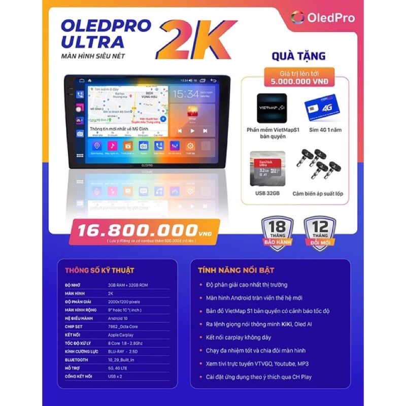 Màn hình android ô tô oledpro utra 2k liền cam 360 chính hãng