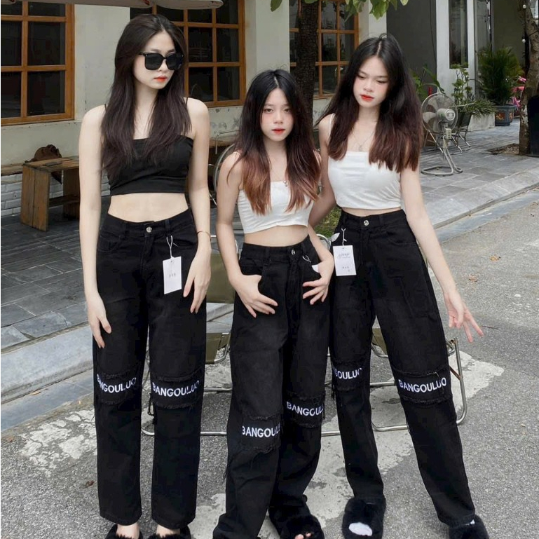 Quần bò jean ống rộng jeans cạp cao  thêu gối - Quần jean khóa gối phong cách Hàn Quốc hotrend 2023
