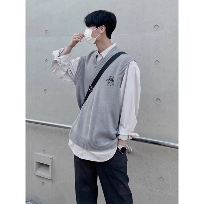 Áo gile unisex,chất len dệt kim thêu hình Bear 2 màu xám đen