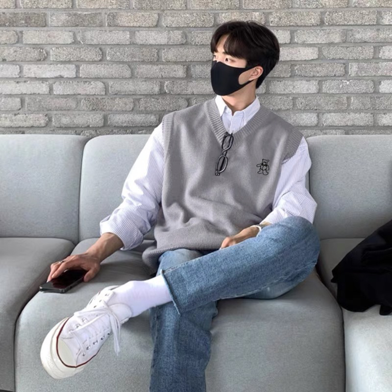 Áo gile unisex,chất len dệt kim thêu hình Bear 2 màu xám đen