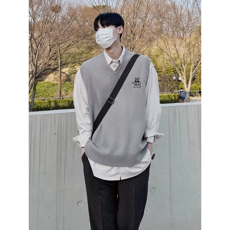 Áo gile unisex,chất len dệt kim thêu hình Bear 2 màu xám đen