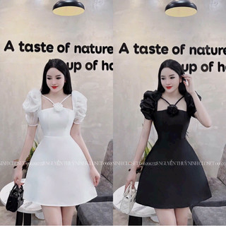 Đầm thời trang nữ dự tiệc chất vải tapta cổ vuông dây chéo đính bông cổ 2 màu