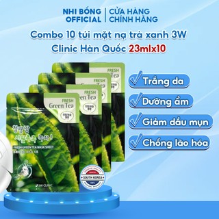 Combo 10 Túi Mặt Nạ Giấy Trà Xanh 3W Clinic Hàn Quốc Chiết Xuất Lá Trà Xanh Giúp Dưỡng Da Mềm Mịn Giảm Dầu Mụn 23mlx10