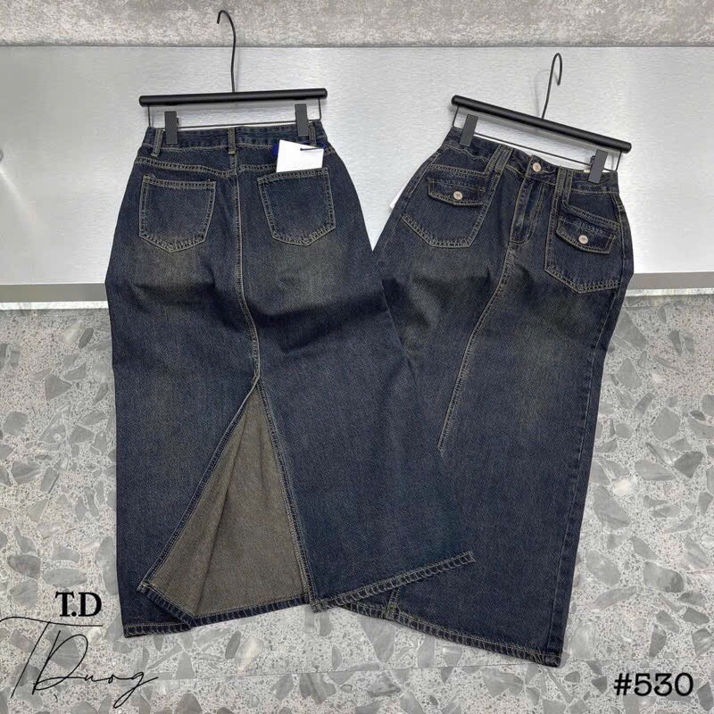 Chân váy jeans denim lưng cao nắp túi hot trend #5040