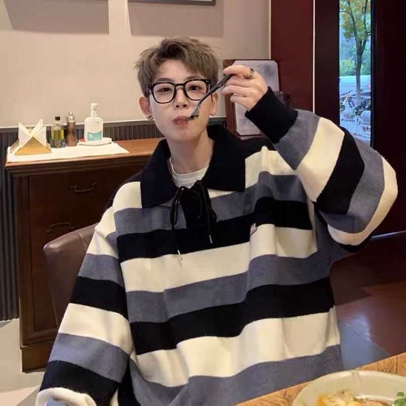 Áo len cổ polo phối dây hoạ tiết kẻ 3 màu cá tính