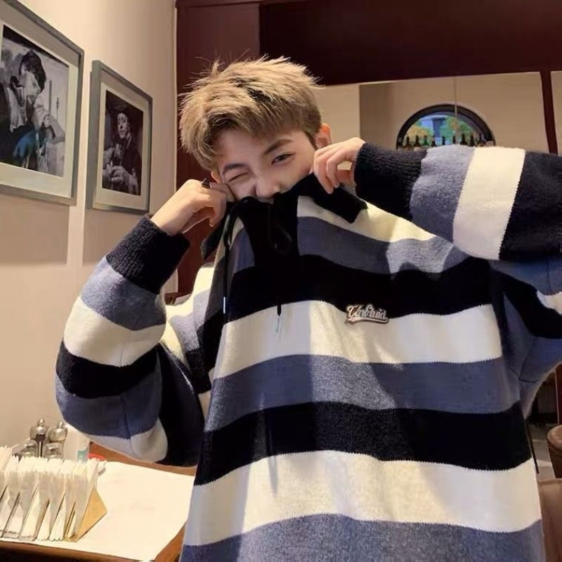 Áo len cổ polo phối dây hoạ tiết kẻ 3 màu cá tính