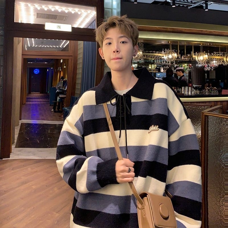 Áo len cổ polo phối dây hoạ tiết kẻ 3 màu cá tính