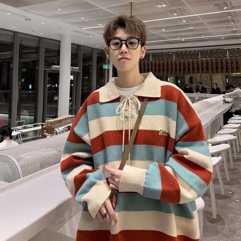 Áo len cổ polo phối dây hoạ tiết kẻ 3 màu cá tính