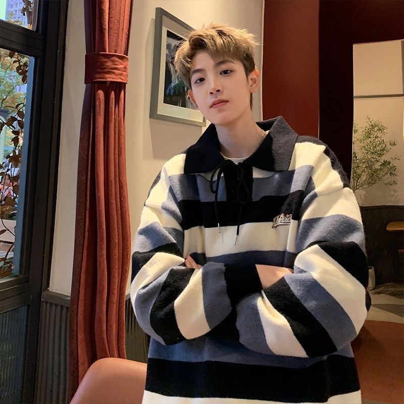 Áo len cổ polo phối dây hoạ tiết kẻ 3 màu cá tính