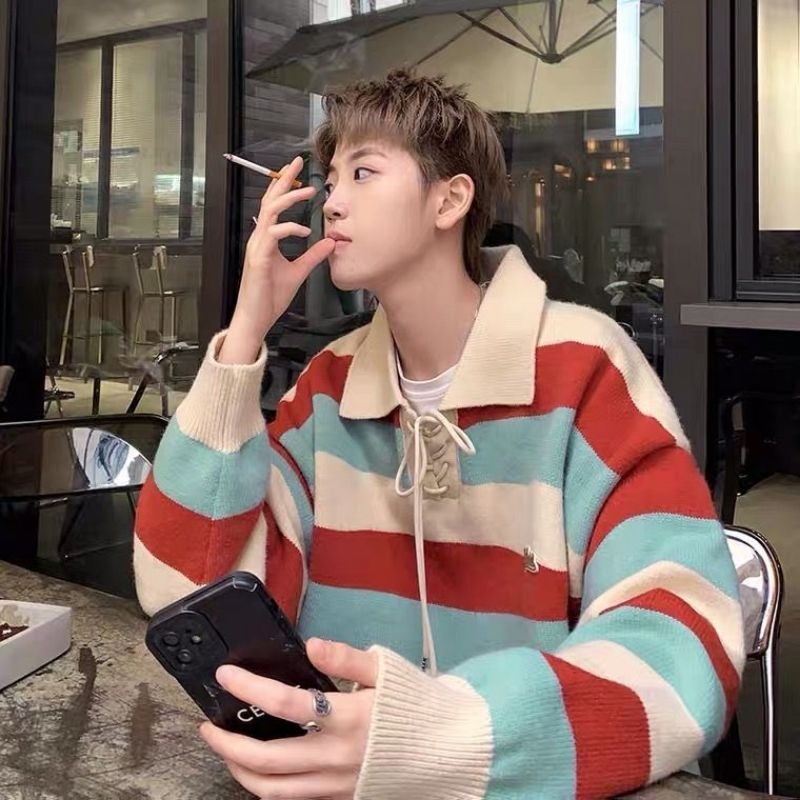 Áo len cổ polo phối dây hoạ tiết kẻ 3 màu cá tính