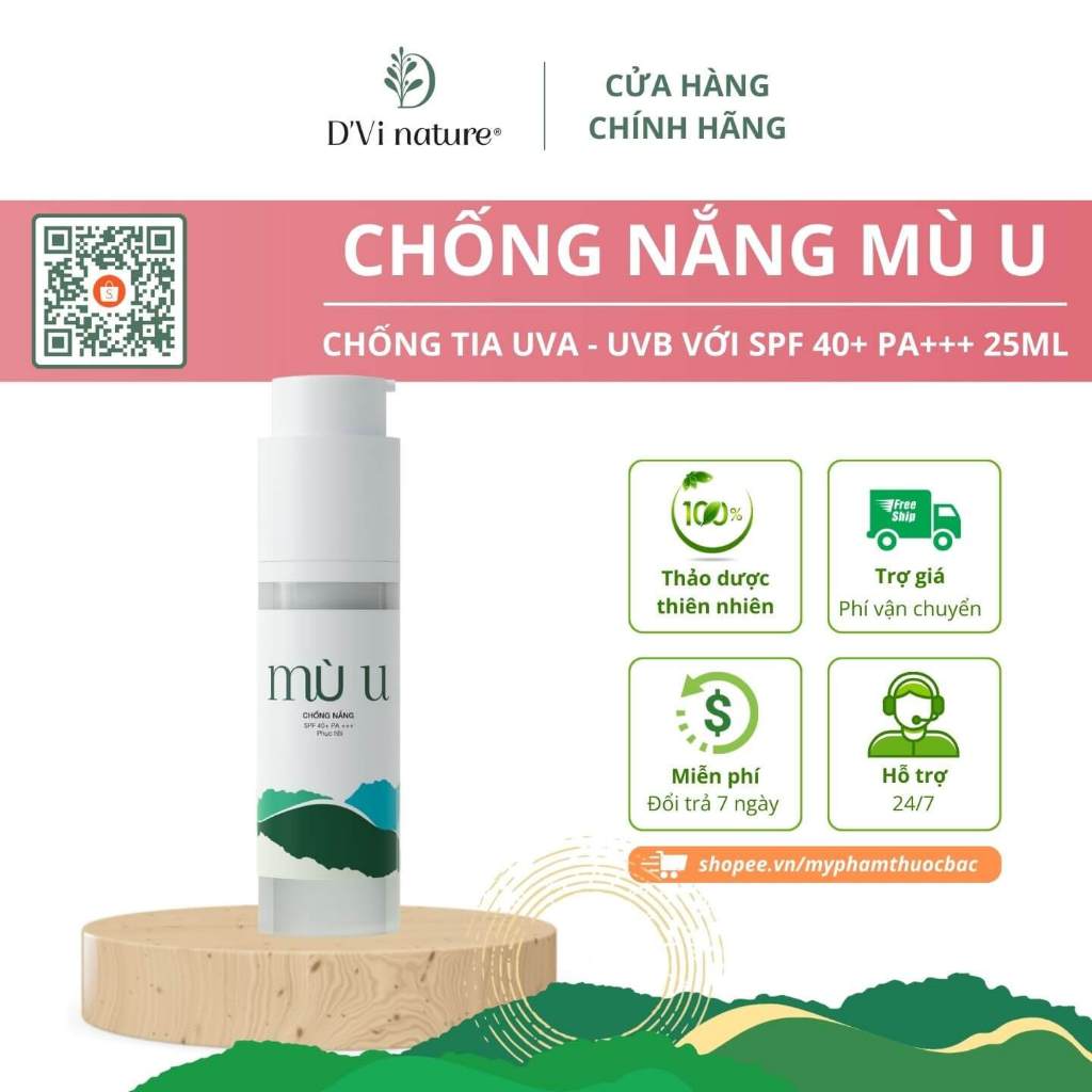 Chống nắng mù u D’Vi nature với SPF 40+ PA+++ chống lại các tia tử ngoại UVA và UVB của mặt trời gây hại cho da
