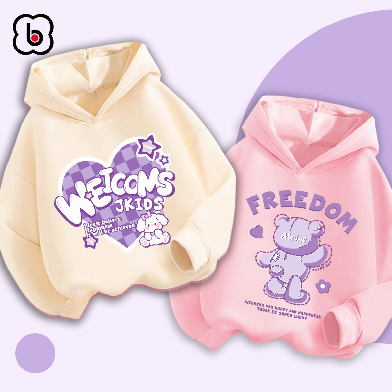 Áo hoodie bé gái BabyloveGO mẫu mới 2023 áo nỉ da cá có mũ cho bé in hình ngộ nghĩnh đáng yêu