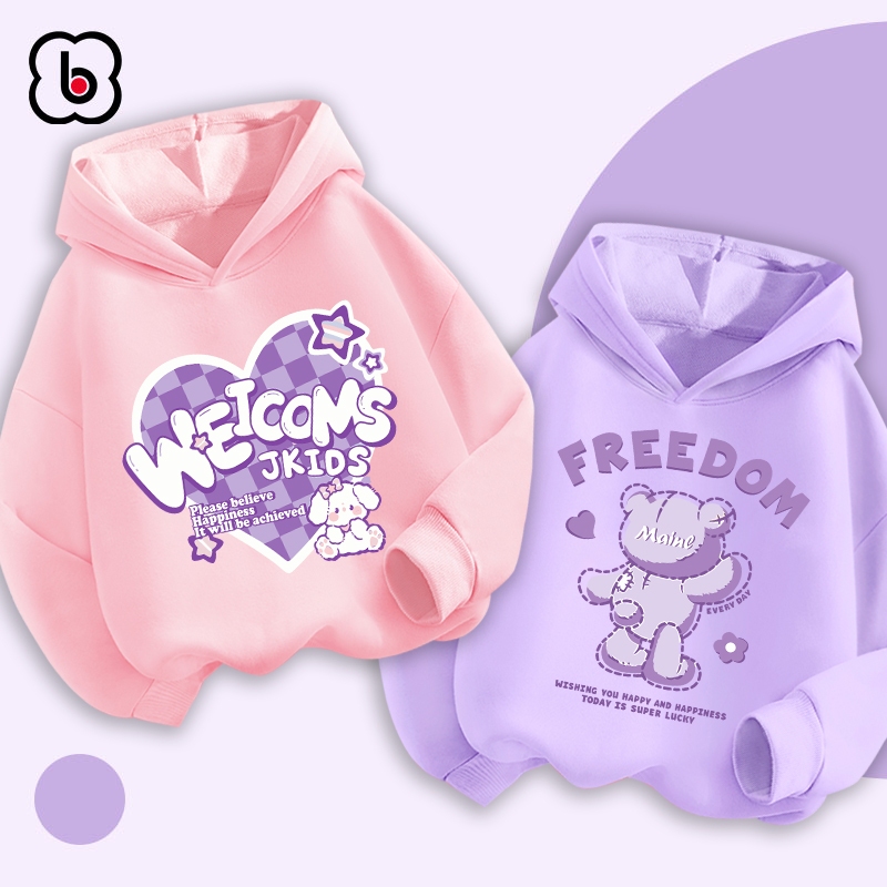 Áo hoodie bé gái BabyloveGO mẫu mới 2024 áo nỉ da cá có mũ cho bé in hình ngộ nghĩnh đáng yêu