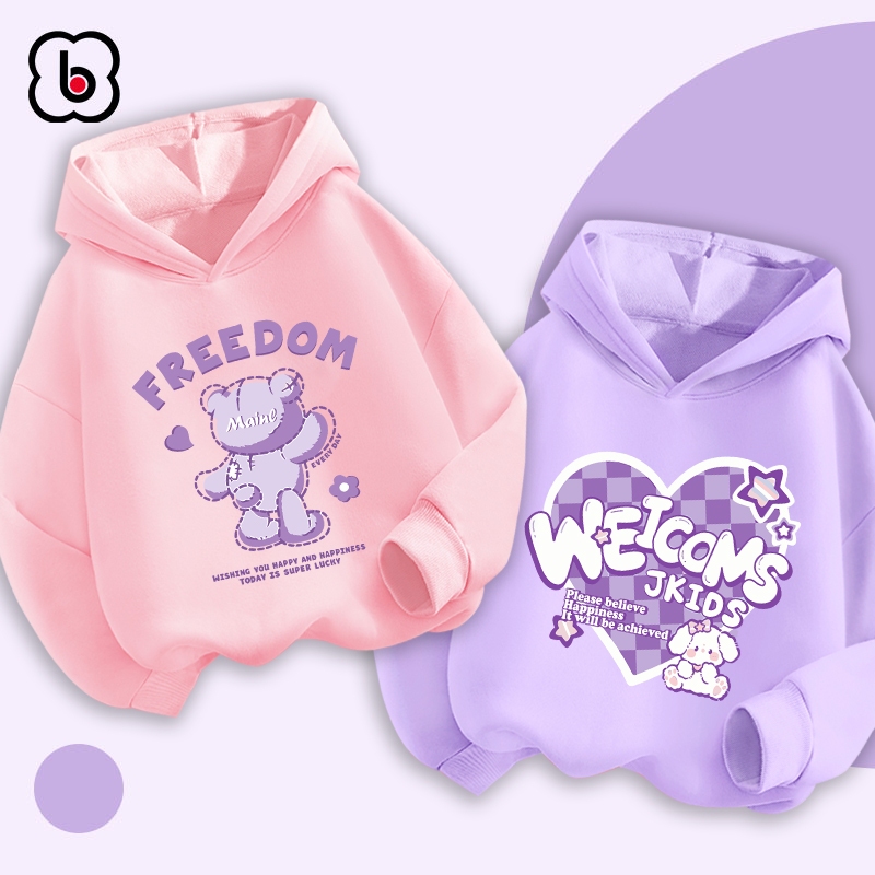 Áo hoodie bé gái BabyloveGO mẫu mới 2023 áo nỉ da cá có mũ cho bé in hình ngộ nghĩnh đáng yêu