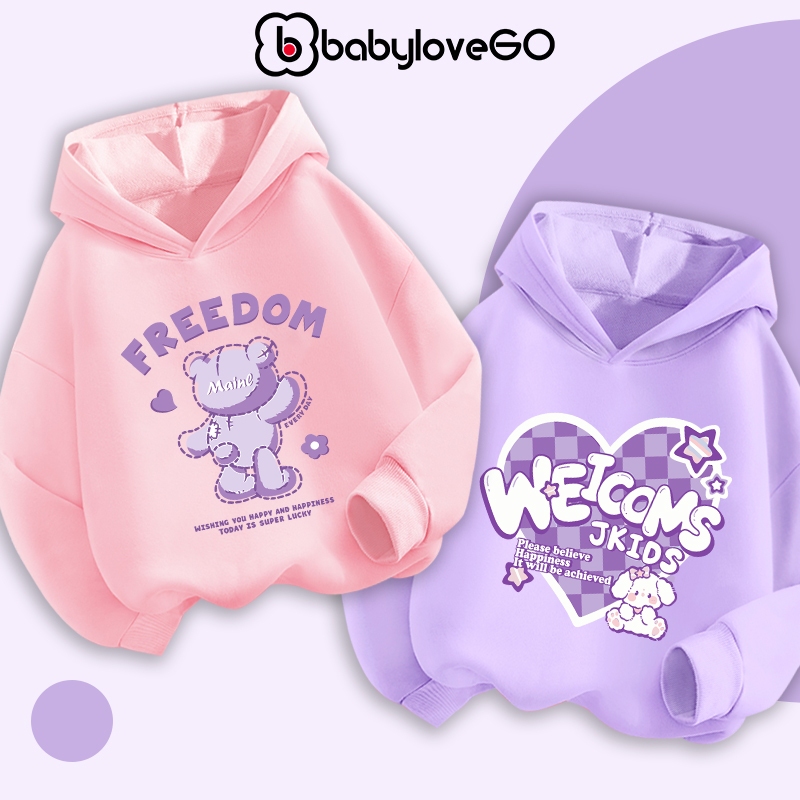 Áo hoodie bé gái BabyloveGO mẫu mới 2023 áo nỉ da cá có mũ cho bé in hình ngộ nghĩnh đáng yêu