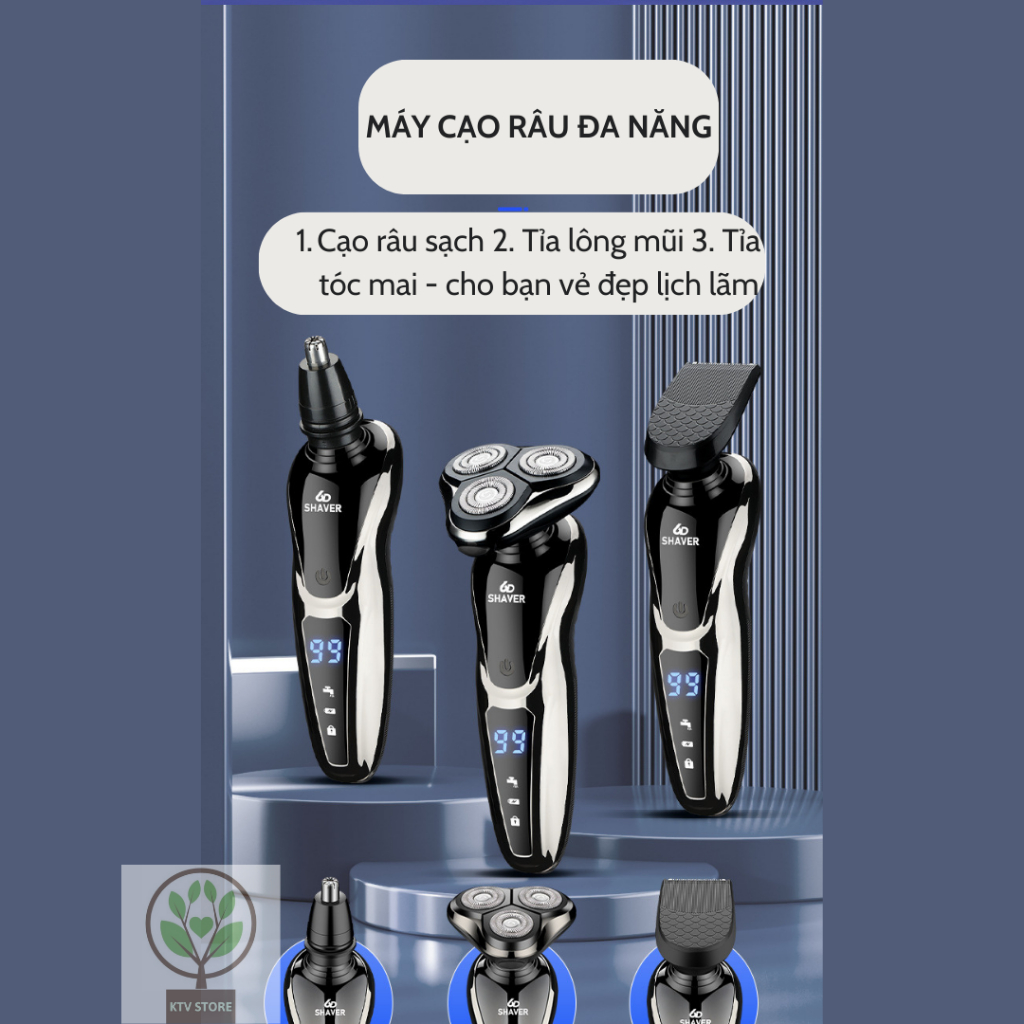 Máy cạo râu 3 chức năng, 6D-1168, màn hình LED hiển thị pin, chống nước toàn thân IP7, lưỡi tự mài, pin 90 ngày.