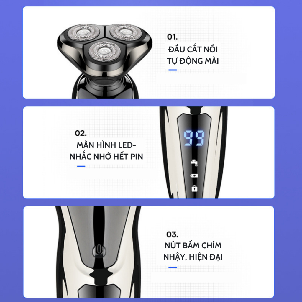 Máy cạo râu 3 chức năng, 6D-1168, màn hình LED hiển thị pin, chống nước toàn thân IP7, lưỡi tự mài, pin 90 ngày.