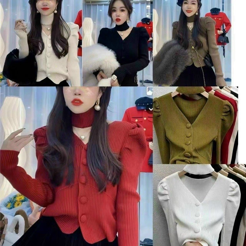 Áo len nữ thiết kế độc đáo áo cổ choker rời cúc bọc tay phồng siêu xinh