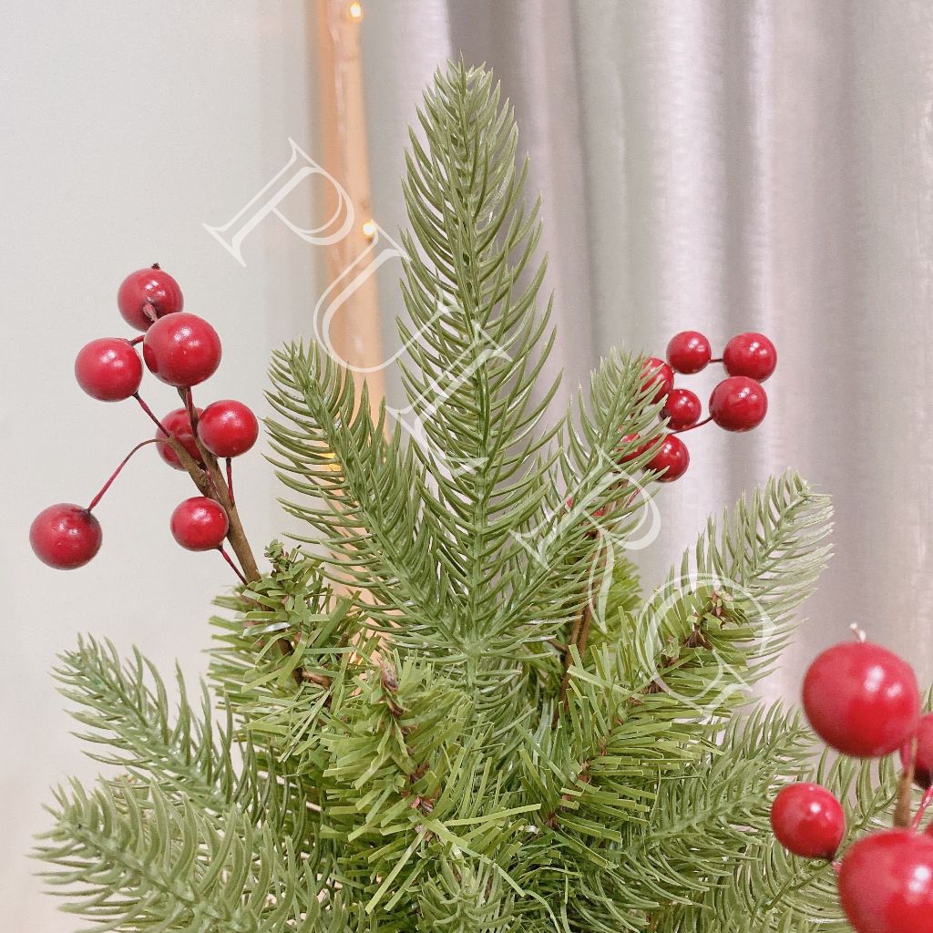 Cây thông noel mini để bàn LÁ PE ĐỆM PVC GẮN TRÁI ĐỎ trang trí decor giáng sinh trong nhà ngoài trời