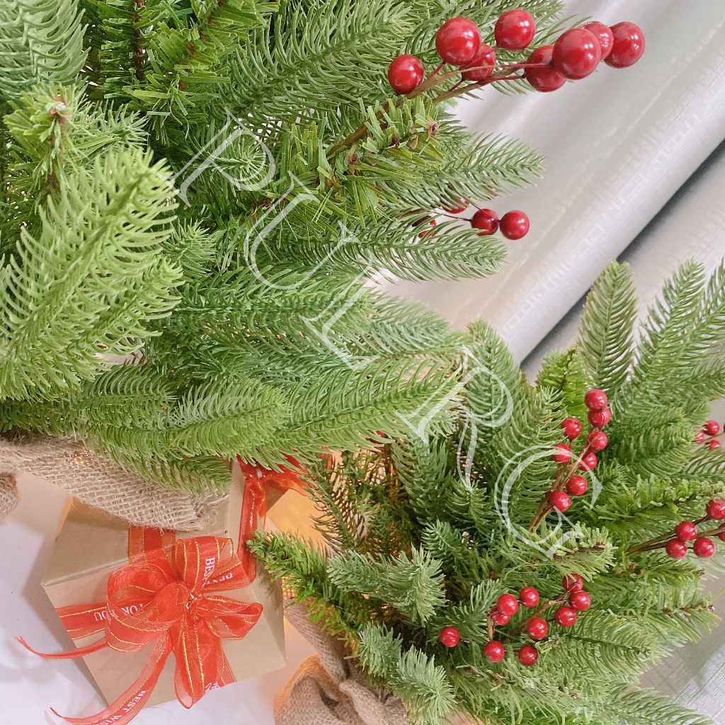 Cây thông noel mini để bàn LÁ PE ĐỆM PVC GẮN TRÁI ĐỎ trang trí decor giáng sinh trong nhà ngoài trời