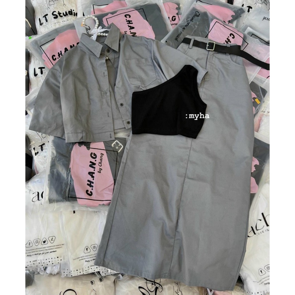 Set Bộ 3 Món: Áo Sơ Mi Ngắn Tay Phối Lót Thun Croptop + Chân Váy Chữ A Xòe Form Dài Kèm Đai Nịt Sang Chảnh