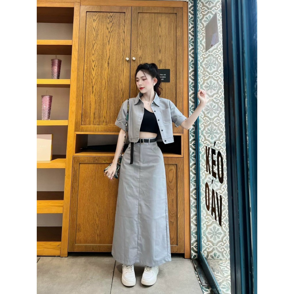 Set Bộ 3 Món: Áo Sơ Mi Ngắn Tay Phối Lót Thun Croptop + Chân Váy Chữ A Xòe Form Dài Kèm Đai Nịt Sang Chảnh