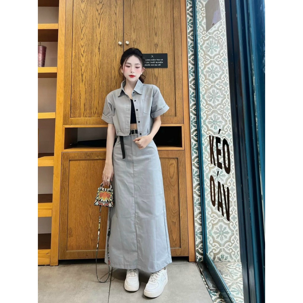Set Bộ 3 Món: Áo Sơ Mi Ngắn Tay Phối Lót Thun Croptop + Chân Váy Chữ A Xòe Form Dài Kèm Đai Nịt Sang Chảnh