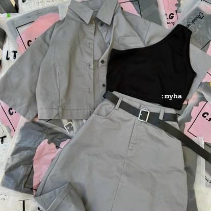 Set Bộ 3 Món: Áo Sơ Mi Ngắn Tay Phối Lót Thun Croptop + Chân Váy Chữ A Xòe Form Dài Kèm Đai Nịt Sang Chảnh