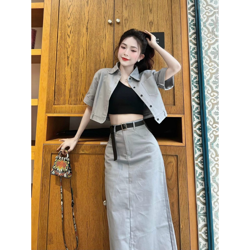 Set Bộ 3 Món: Áo Sơ Mi Ngắn Tay Phối Lót Thun Croptop + Chân Váy Chữ A Xòe Form Dài Kèm Đai Nịt Sang Chảnh