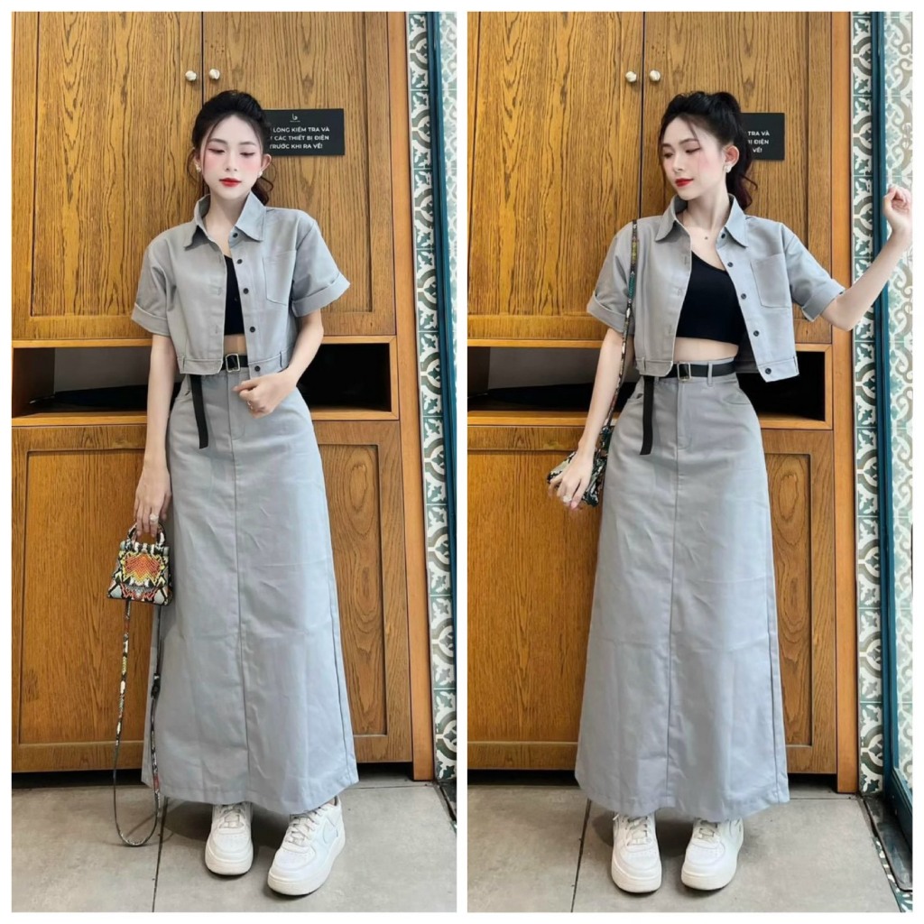 Set Bộ 3 Món: Áo Sơ Mi Ngắn Tay Phối Lót Thun Croptop + Chân Váy Chữ A Xòe Form Dài Kèm Đai Nịt Sang Chảnh