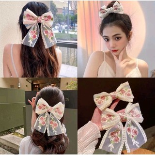 Kẹp tóc nơ ren họa tiết thêu hoa