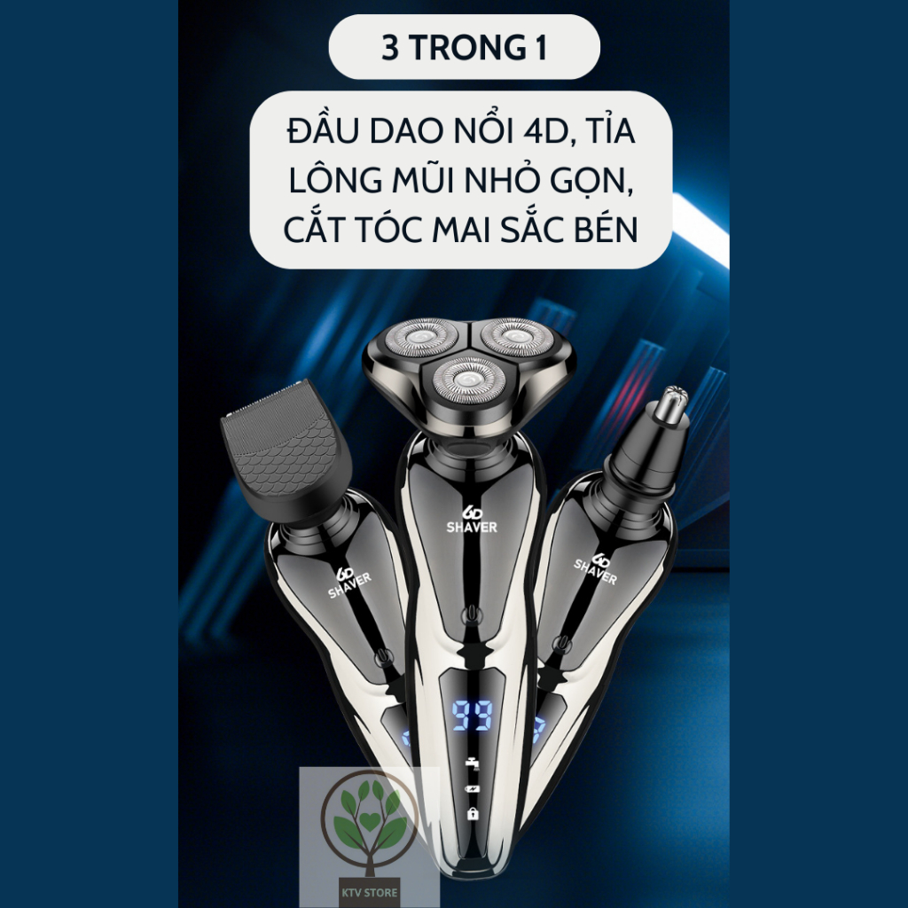 Máy cạo râu 3 chức năng, 6D-1168, màn hình LED hiển thị pin, chống nước toàn thân IP7, lưỡi tự mài, pin 90 ngày.