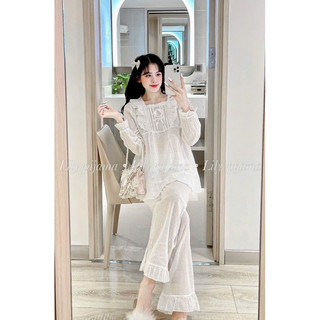 Bộ đồ ngủ mặc nhà tiểu thư chất đũi hạt viền bèo mã ht726