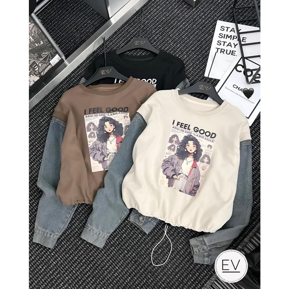 ÁO THUN IN CÔ GÁI PHỐI TAY JEAN