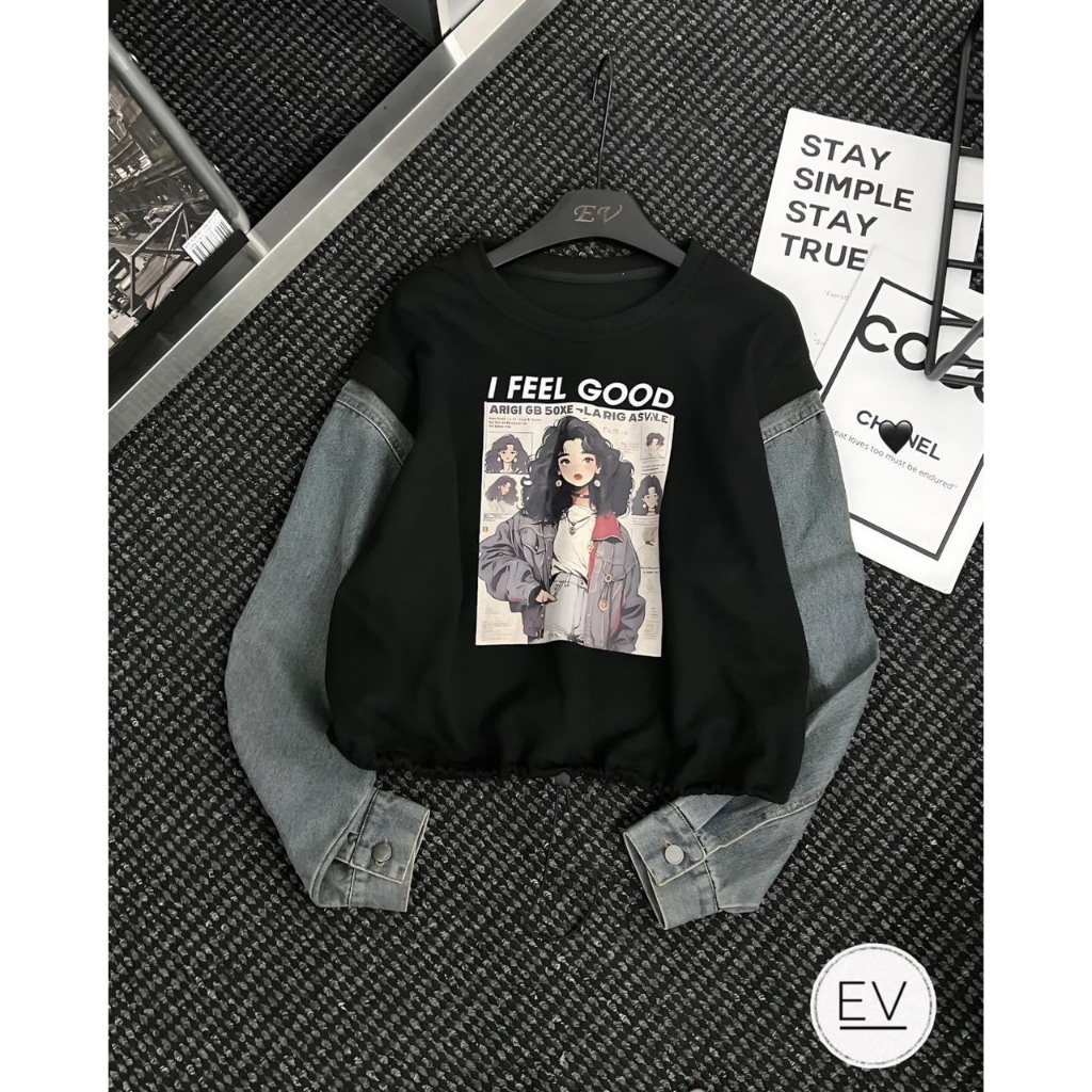 ÁO THUN IN CÔ GÁI PHỐI TAY JEAN