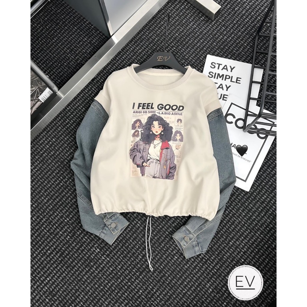 ÁO THUN IN CÔ GÁI PHỐI TAY JEAN