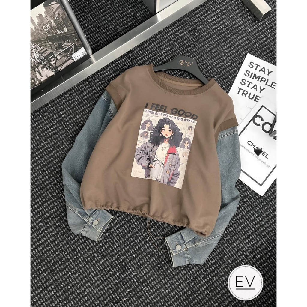 ÁO THUN IN CÔ GÁI PHỐI TAY JEAN