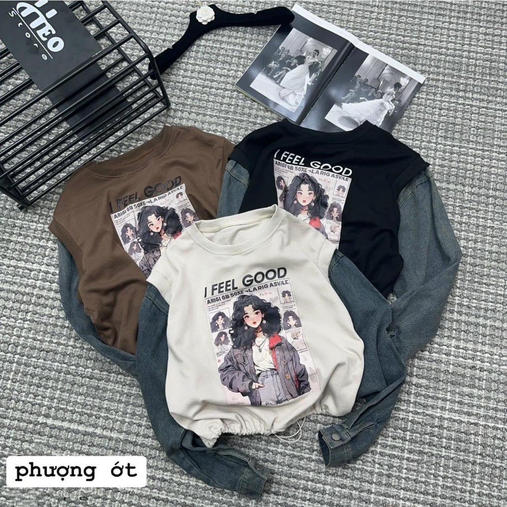 ÁO THUN IN CÔ GÁI PHỐI TAY JEAN