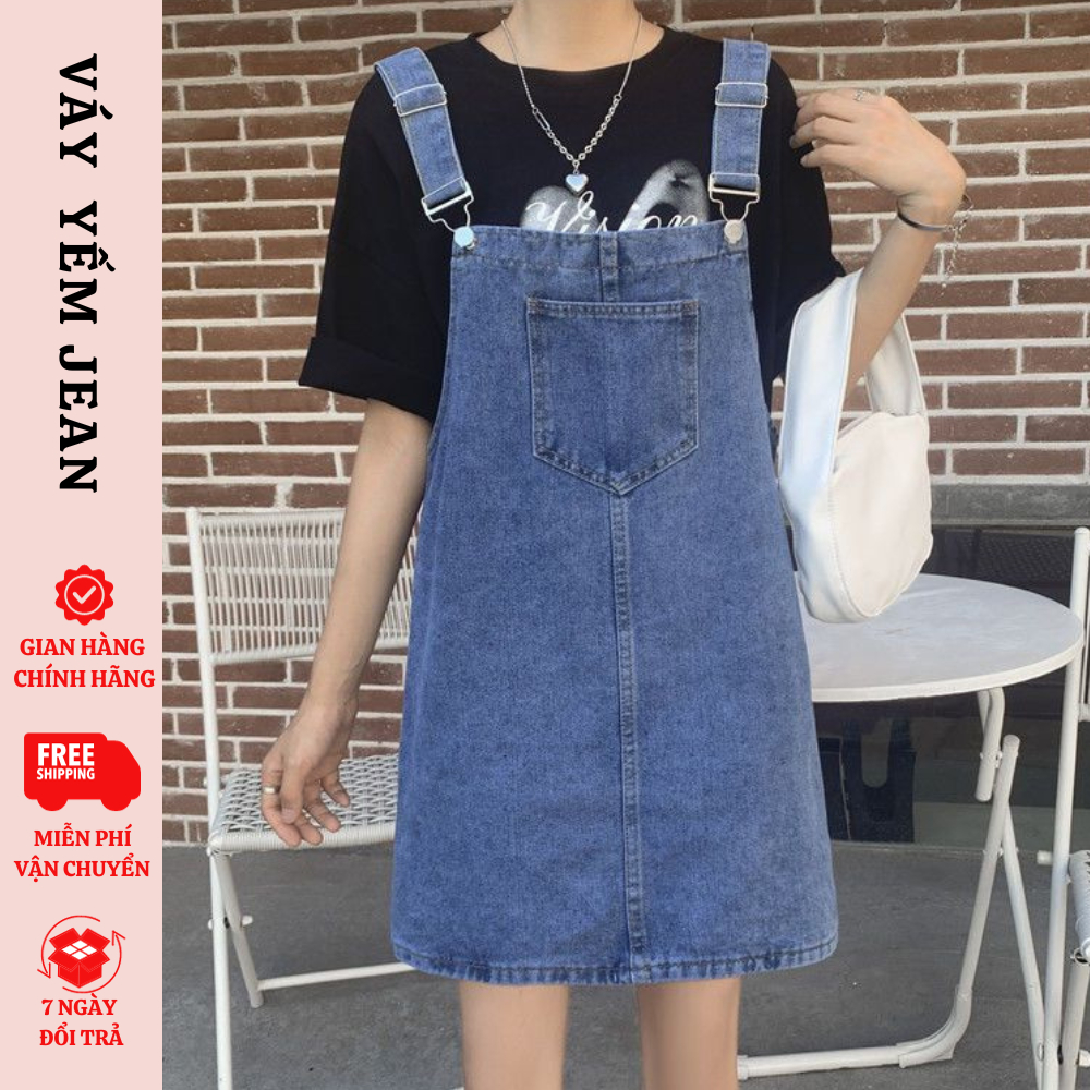 Váy Yếm Jeans Bò MIAA Nữ Hai Dây Dáng Rộng Xanh Sky