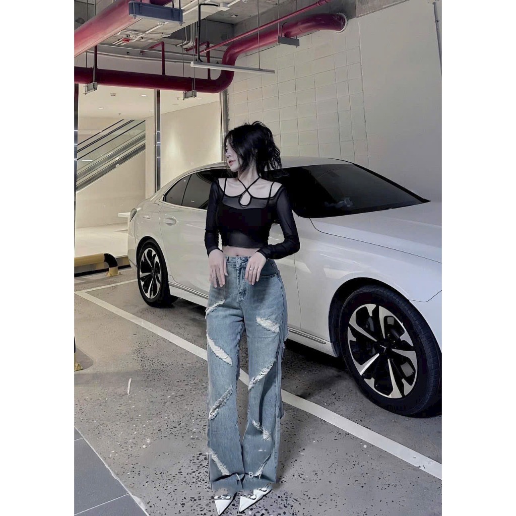 Áo lưới đan chéo kèm bra 2 dây set 2 món, Áo Kiểu Tay Dài Phối Lưới Thiết Kế Dây Đan Chéo Quyến Rũ Hàng Quảng Châu.