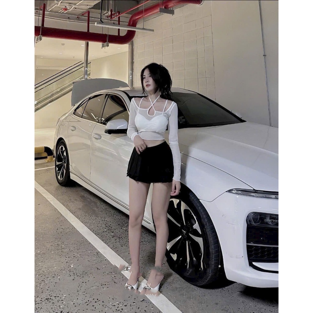 Áo lưới đan chéo kèm bra 2 dây set 2 món, Áo Kiểu Tay Dài Phối Lưới Thiết Kế Dây Đan Chéo Quyến Rũ Hàng Quảng Châu.