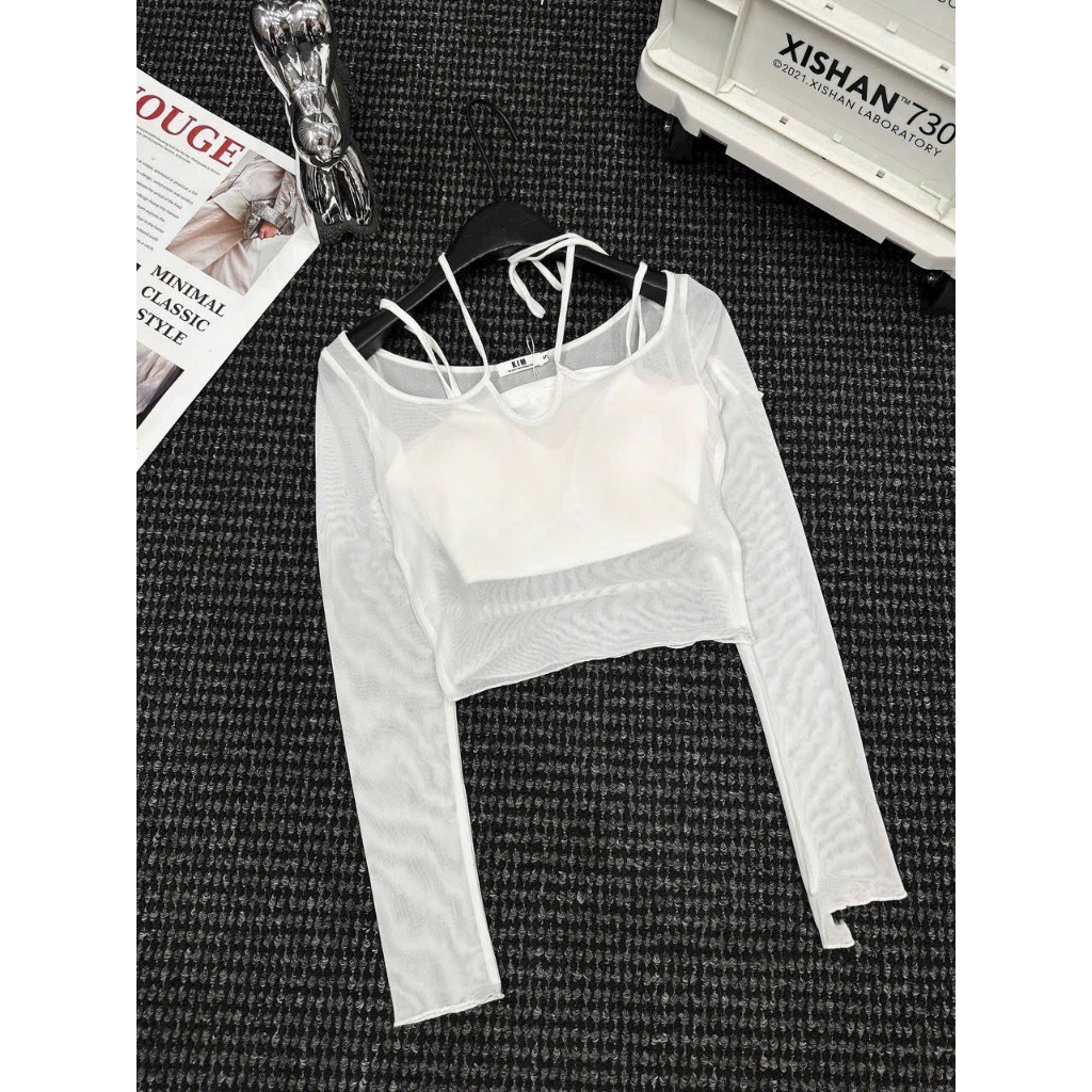 Áo lưới đan chéo kèm bra 2 dây set 2 món, Áo Kiểu Tay Dài Phối Lưới Thiết Kế Dây Đan Chéo Quyến Rũ Hàng Quảng Châu.