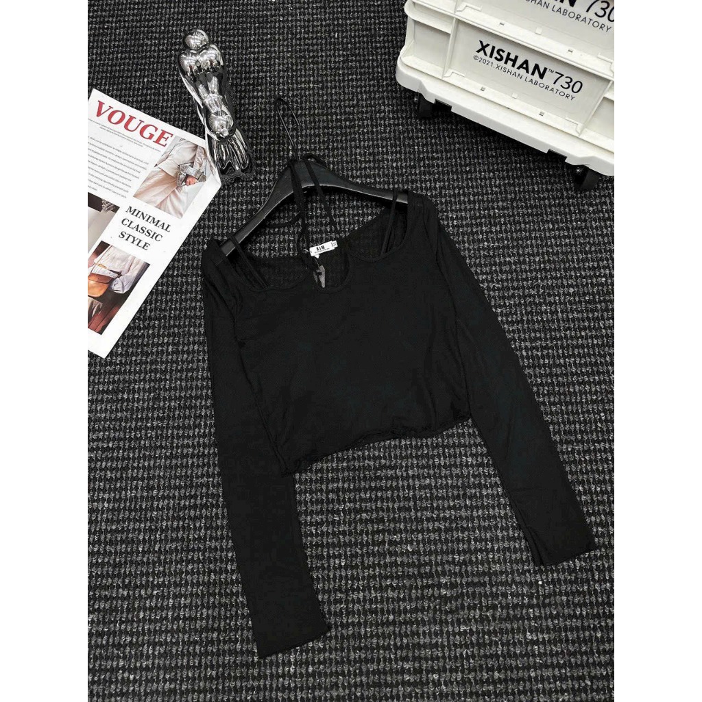 Áo lưới đan chéo kèm bra 2 dây set 2 món, Áo Kiểu Tay Dài Phối Lưới Thiết Kế Dây Đan Chéo Quyến Rũ Hàng Quảng Châu.