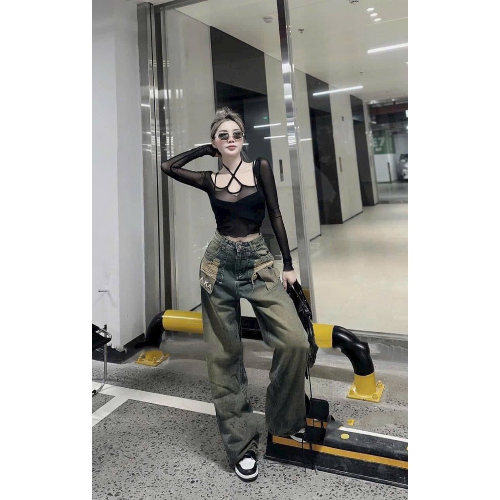 Áo lưới đan chéo kèm bra 2 dây set 2 món, Áo Kiểu Tay Dài Phối Lưới Thiết Kế Dây Đan Chéo Quyến Rũ Hàng Quảng Châu.