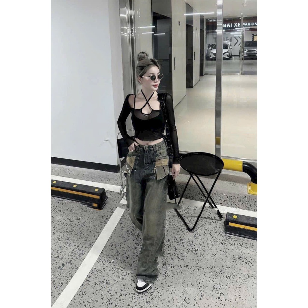 Áo lưới đan chéo kèm bra 2 dây set 2 món, Áo Kiểu Tay Dài Phối Lưới Thiết Kế Dây Đan Chéo Quyến Rũ Hàng Quảng Châu.