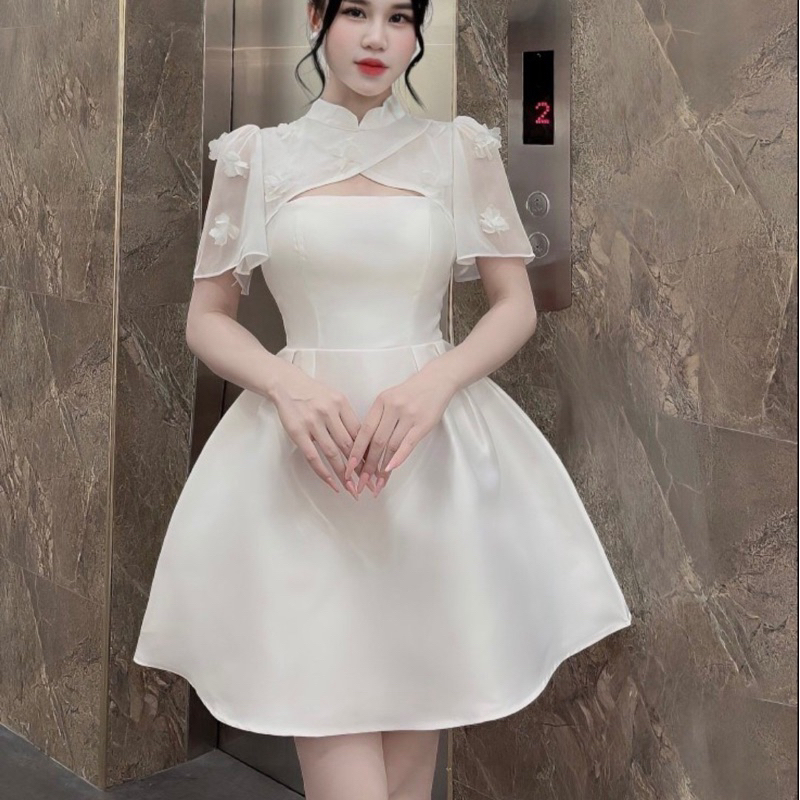 Váy Tapta Phối Tơ Cổ Tàu Đính Hoa