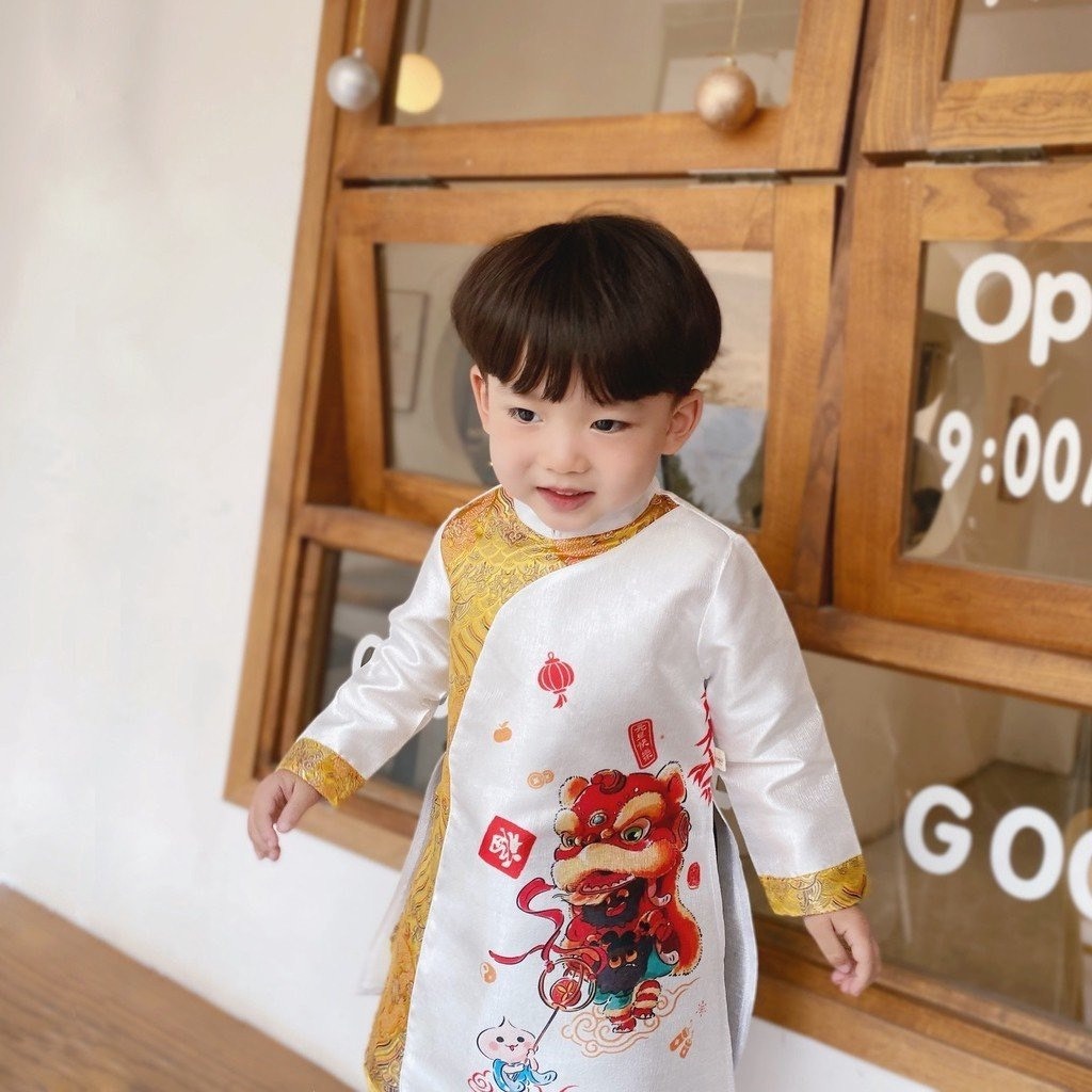 Áo dài cách tân họa tiết Lân cưỡi mây chất nhung tăm hàn cao cấp cho bé trai từ 9-37 kg, áo dài tết xẻ tà cho bé