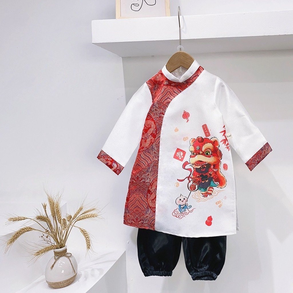 Áo dài cách tân họa tiết Lân cưỡi mây chất nhung tăm hàn cao cấp cho bé trai từ 9-37 kg, áo dài tết xẻ tà cho bé