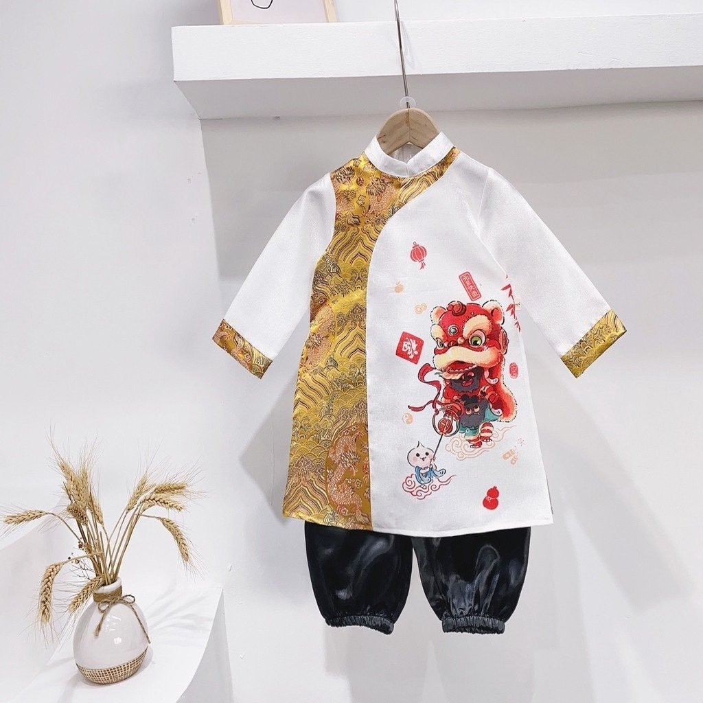 Áo dài cách tân họa tiết Lân cưỡi mây chất nhung tăm hàn cao cấp cho bé trai từ 9-37 kg, áo dài tết xẻ tà cho bé